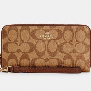 Coach Brand Long Zip Around Wallet In Signature Canvas COLOR: GOLD/KHAKI SADDLE